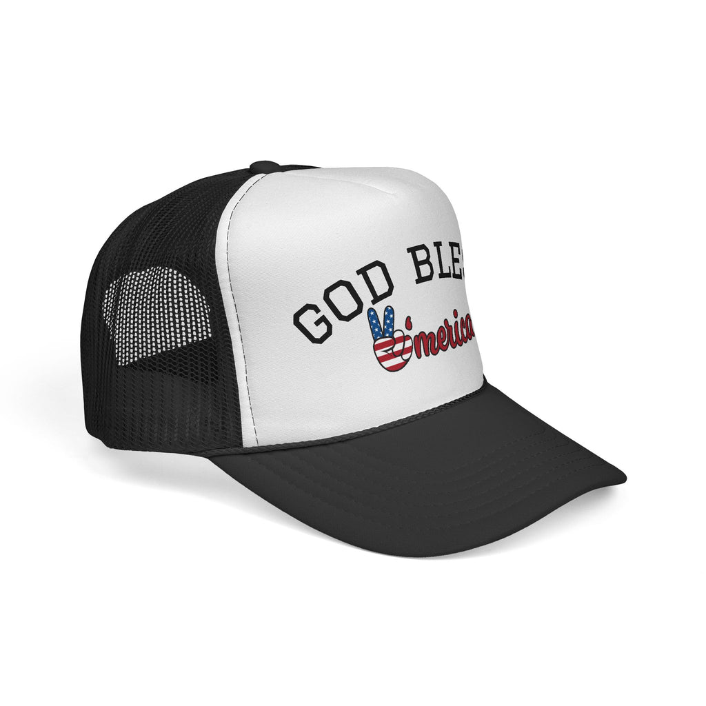 God Bless America Trucker Cap | Patriotic USA Flag Peace Sign Hat