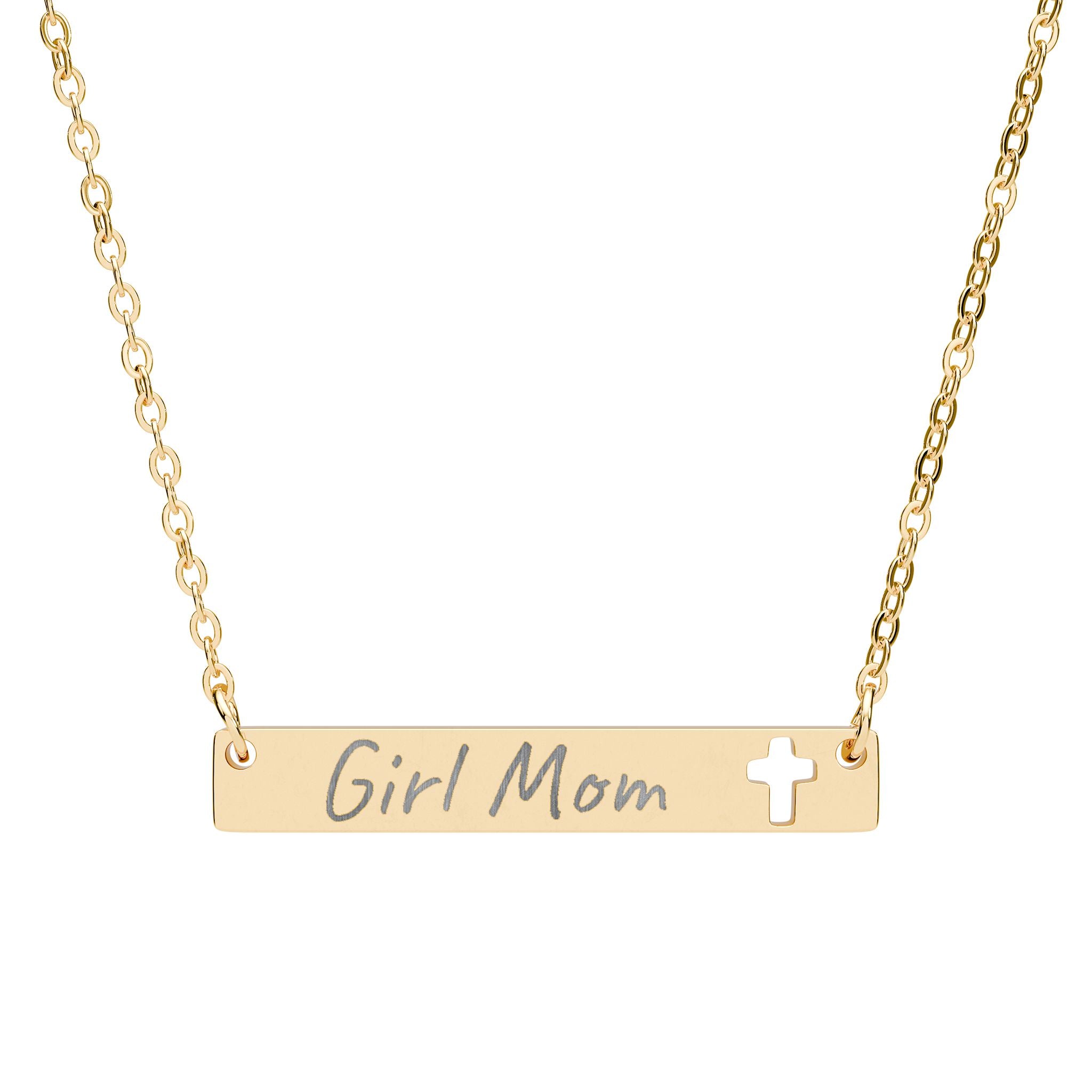 Cutout Cross Bar Necklace – Engraved "Girl Mom" Pendant
