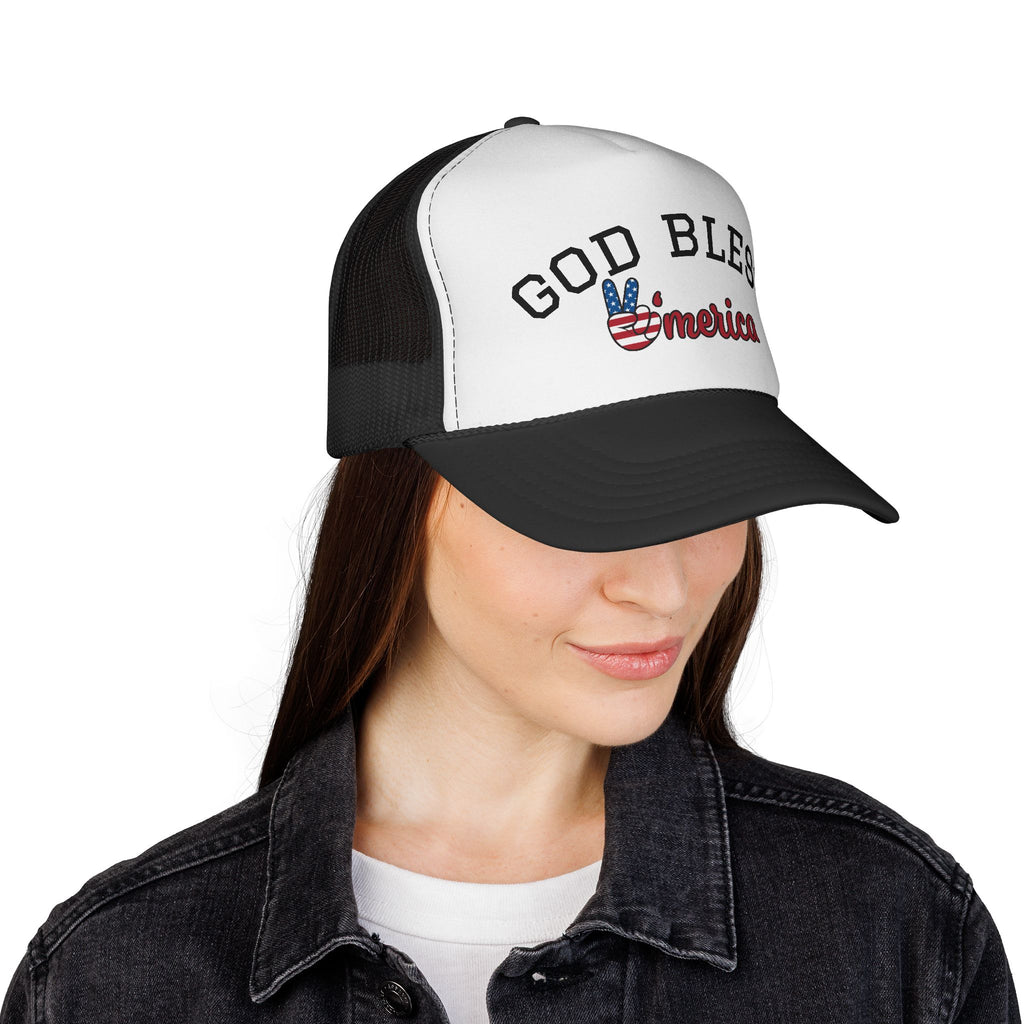 God Bless America Trucker Cap | Patriotic USA Flag Peace Sign Hat