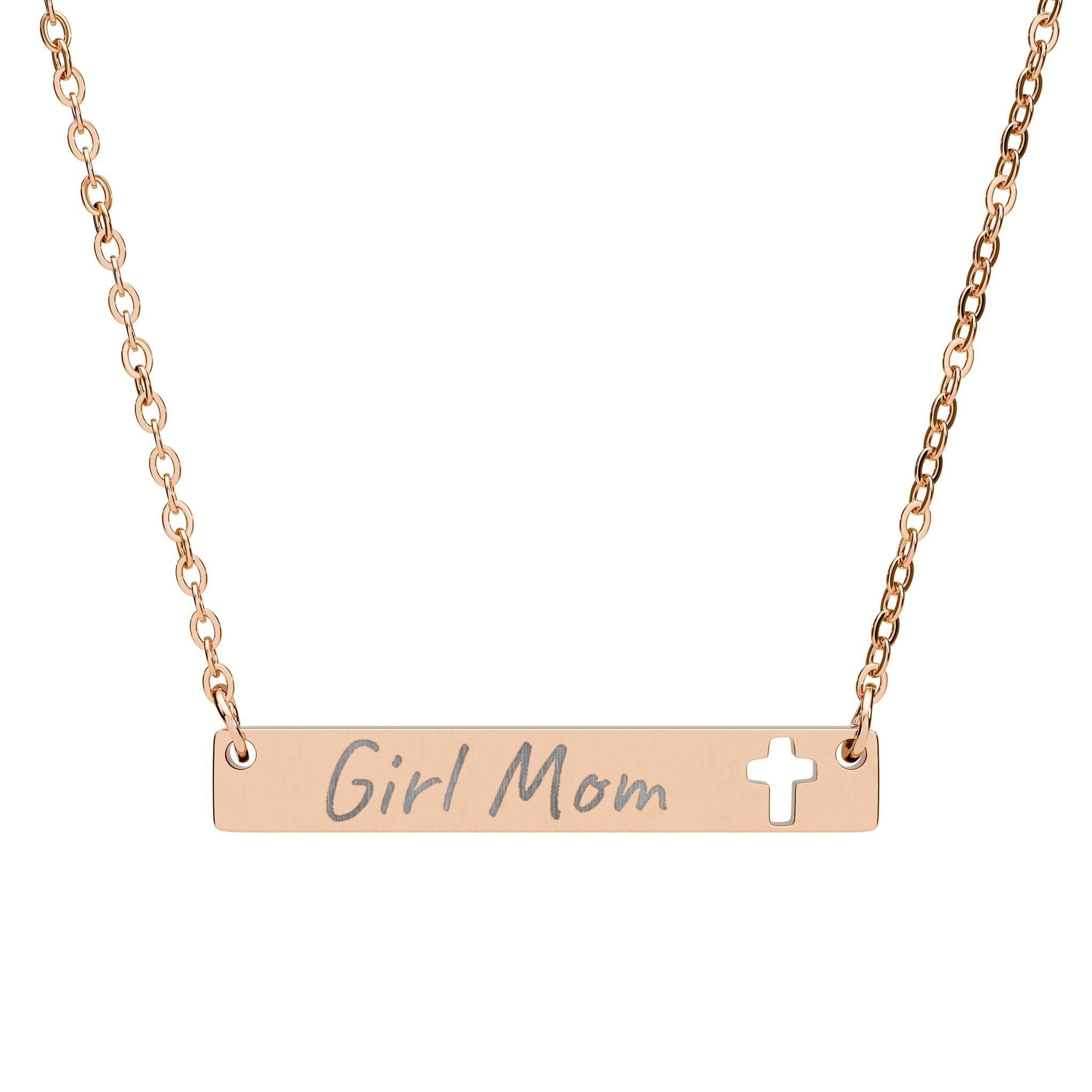 Cutout Cross Bar Necklace – Engraved "Girl Mom" Pendant