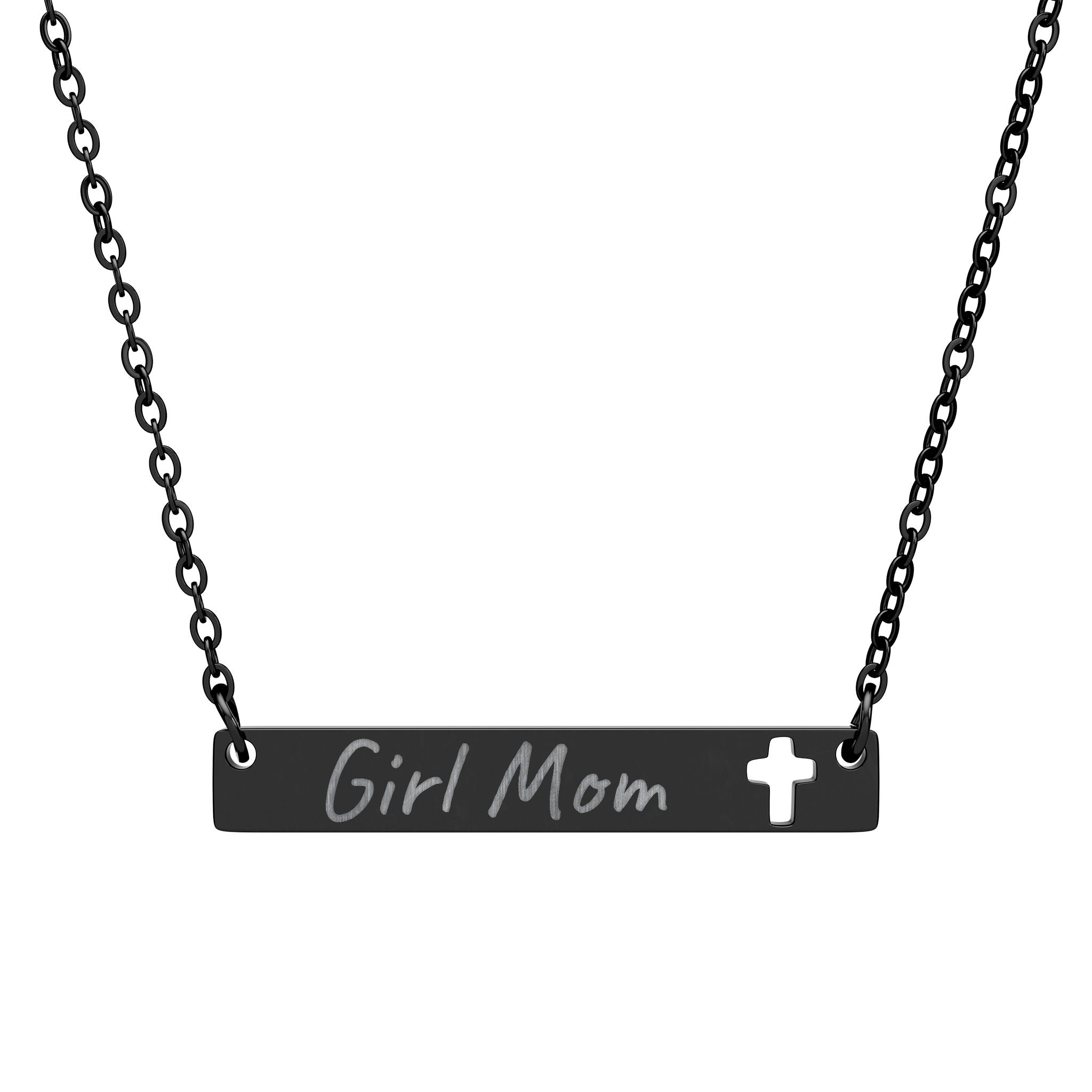 Cutout Cross Bar Necklace – Engraved "Girl Mom" Pendant